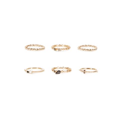 Gold tone black delicate rings pack